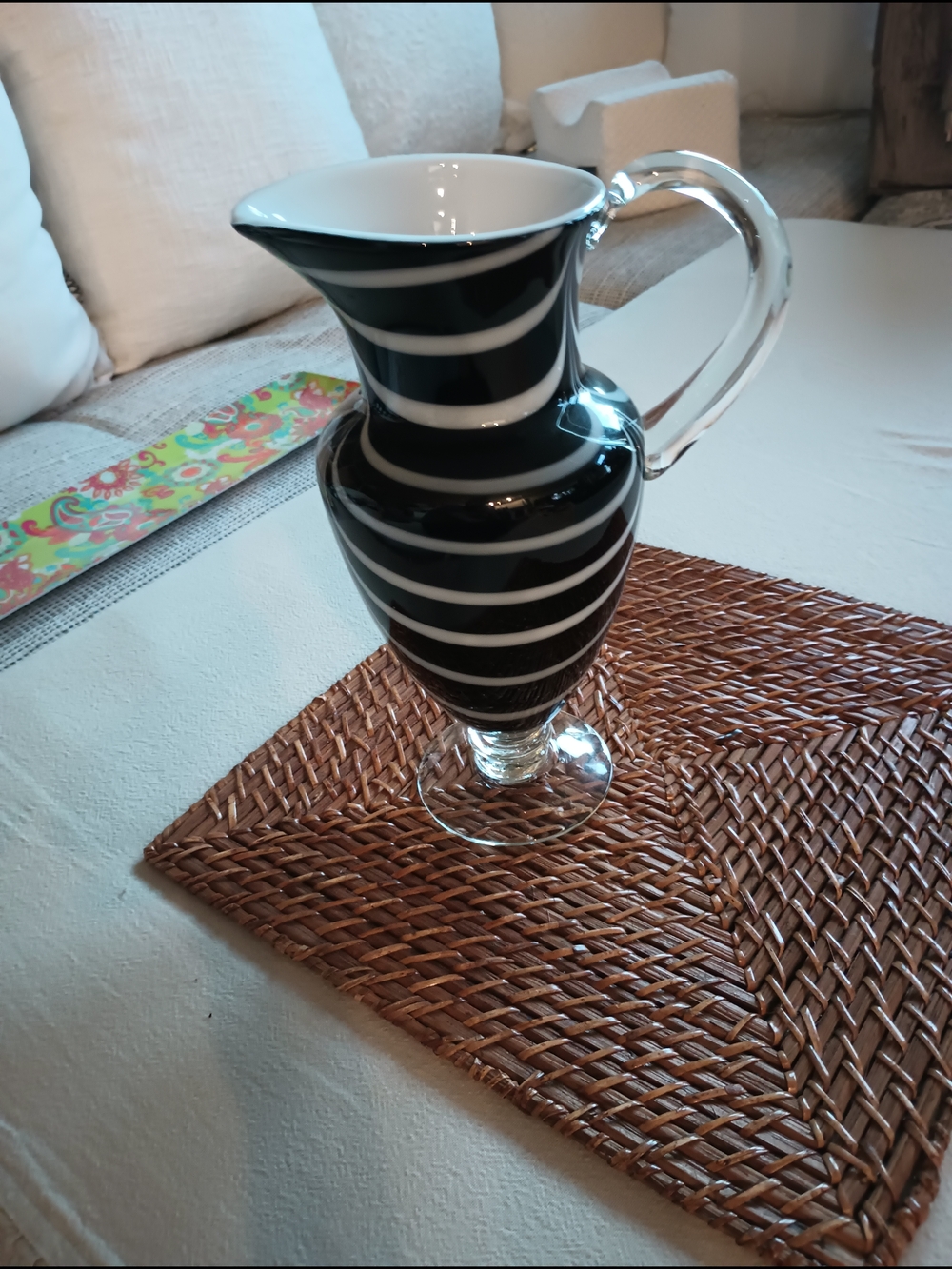 Hand-Blown Murano-Style Black & White Stripe Swirl Glass Pitcher Vase 10” x 5”